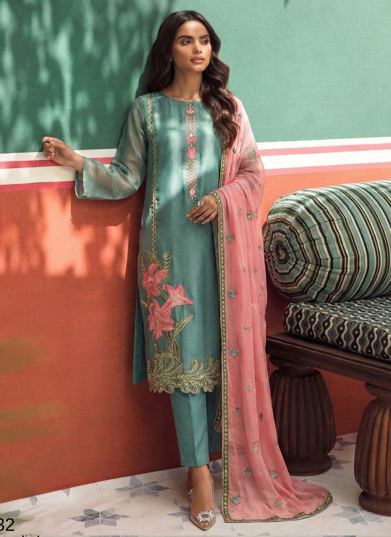 Vegaa Fashion Sky Blue Organza Fancy Zari Party Wear Suit | Grocsy