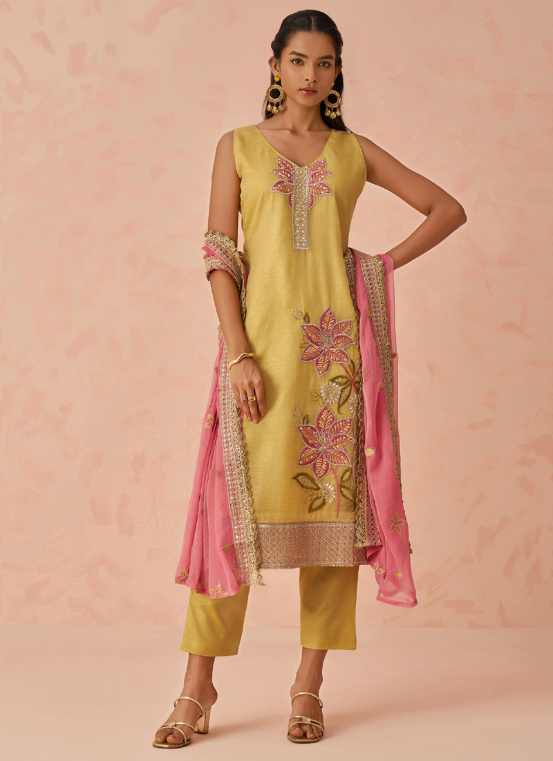 Vegaa Fashion Yellow Fancy Crush Embroidered Salwar Suit | Grocsy