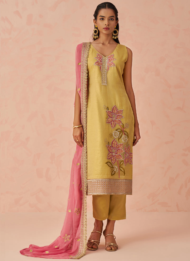 Vegaa Fashion Yellow Fancy Crush Embroidered Salwar Suit | Grocsy