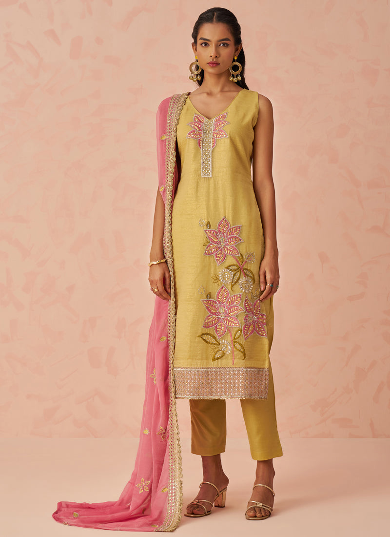 Vegaa Fashion Yellow Fancy Crush Embroidered Salwar Suit | Grocsy