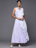 Ahalyaa Blue & White Floral Print Ethnic Maxi Dress with Attached Dupatta | Grocsy