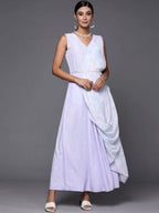 Ahalyaa Blue & White Floral Print Ethnic Maxi Dress with Attached Dupatta | Grocsy