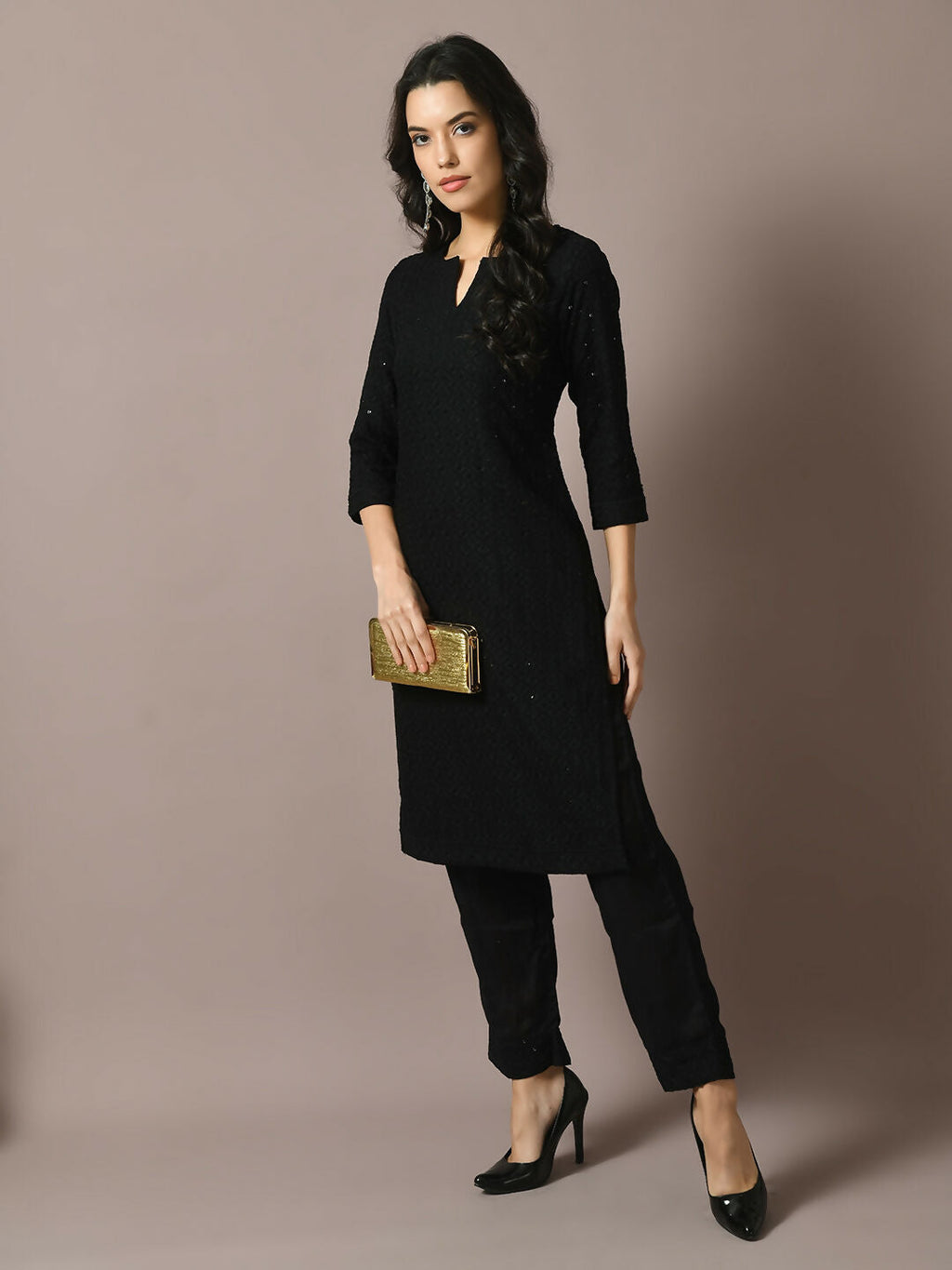 Myshka Women's Black Embroidered Cotton Straight Party Kurta Set | Grocsy