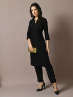 Myshka Women's Black Embroidered Cotton Straight Party Kurta Set | Grocsy