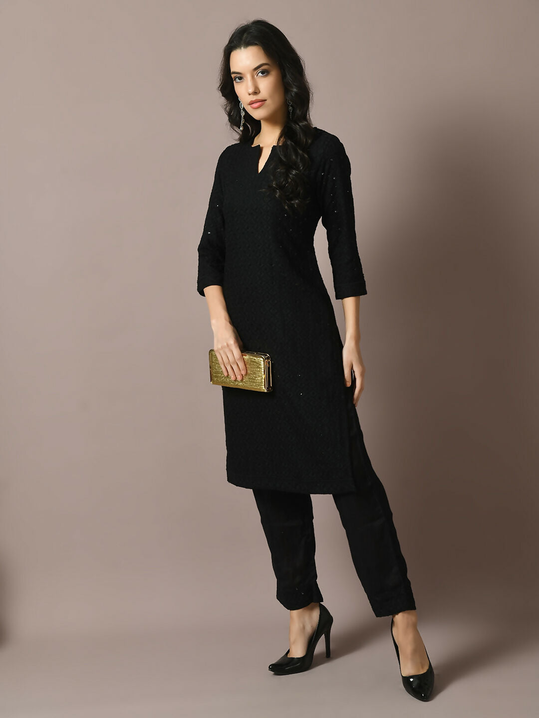 Myshka Women's Black Embroidered Cotton Straight Party Kurta Set | Grocsy