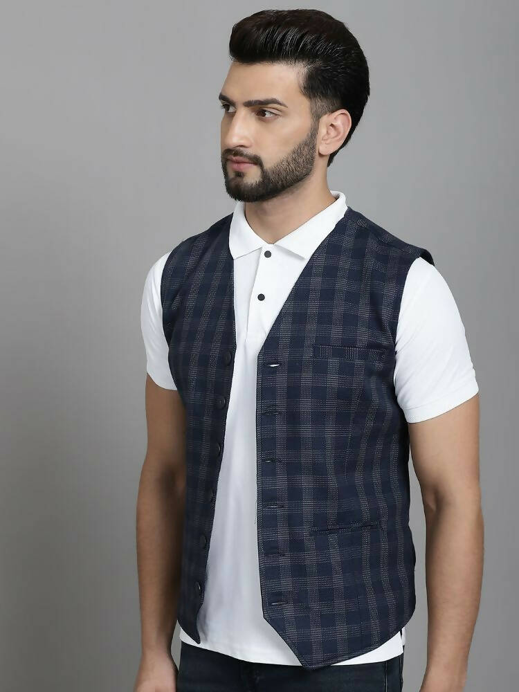 Even Apparels Checked Waistcoat With Welt Pockets - Navy Blue | Grocsy
