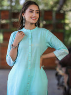 Juniper Women's Seagreen Cotton Slub Embroidered Straight Kurta | Grocsy