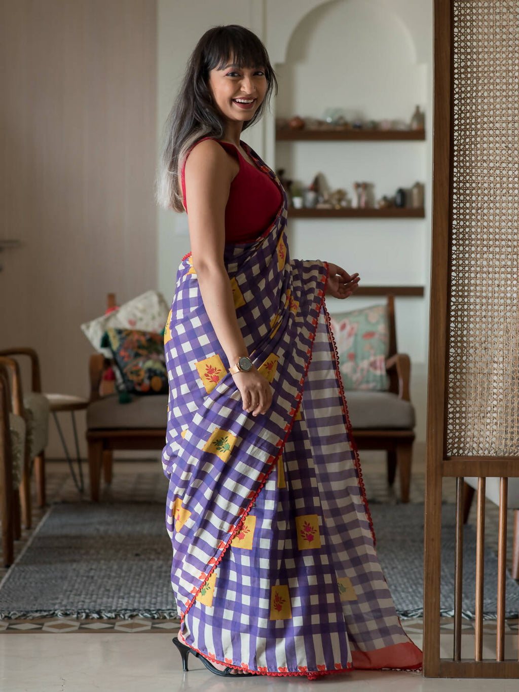 Suta Multi Color Checked Pure Cotton Saree | Grocsy