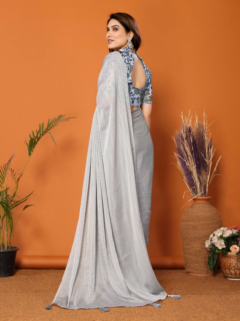 Partywear Designer Grey Polyester Zari Fancy Saree - Starwalk | Grocsy
