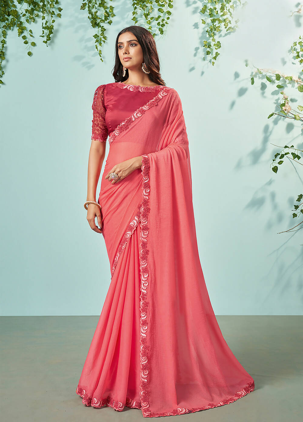 Peach Barbarie Chiffon Solid Saree With Unstitched Blouse Piece - Norita Ikshita | Grocsy