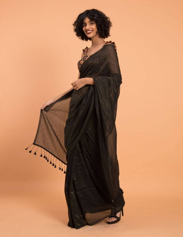 Suta Black Woven Zari Striped Pure Handloom Cotton Saree | Grocsy