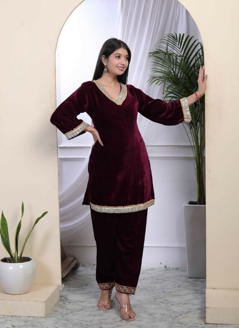 Miravan Women's Wine Embroidered Velvet Co-ord Set | Grocsy