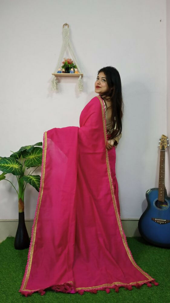 Exclusive Collection Beautiful Khadi Cotton Handloom Saree With Beautiful Zari Border - Pink | Grocsy