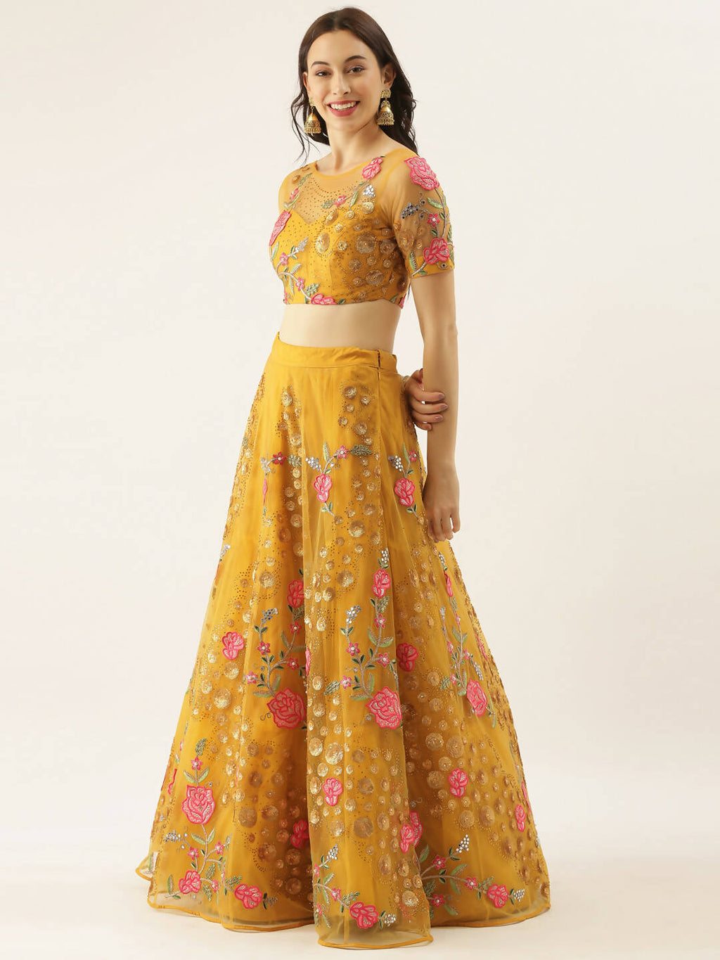 House of Panchhi Mustard Net Semi stitched Coding, Sequins & Saroski Stone Work Lehenga Choli | Grocsy