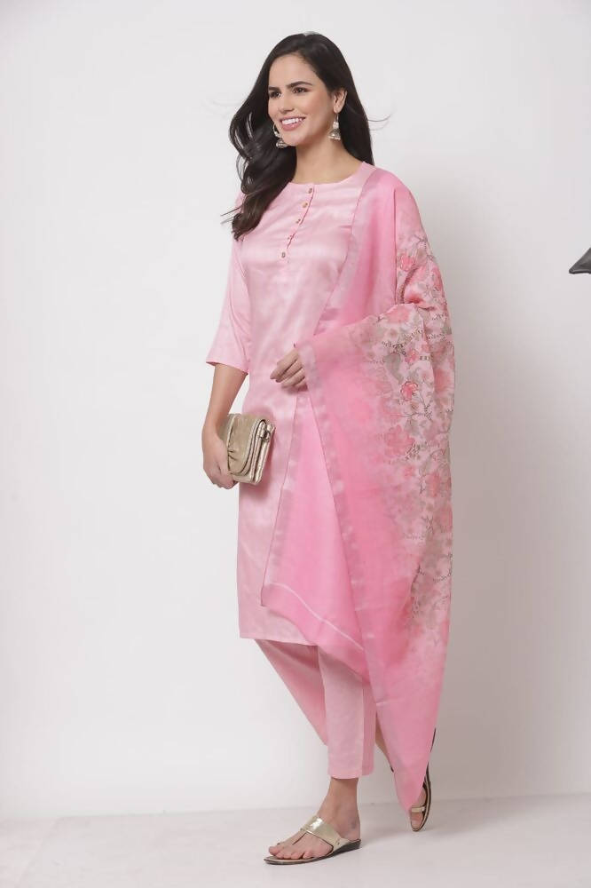Myshka Women's Cotton 3/4 Sleeve Round Neck Casual Pink Kurta Pant Dupatta Set | Grocsy