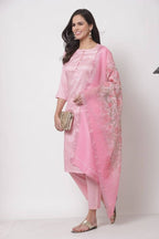 Myshka Women's Cotton 3/4 Sleeve Round Neck Casual Pink Kurta Pant Dupatta Set | Grocsy