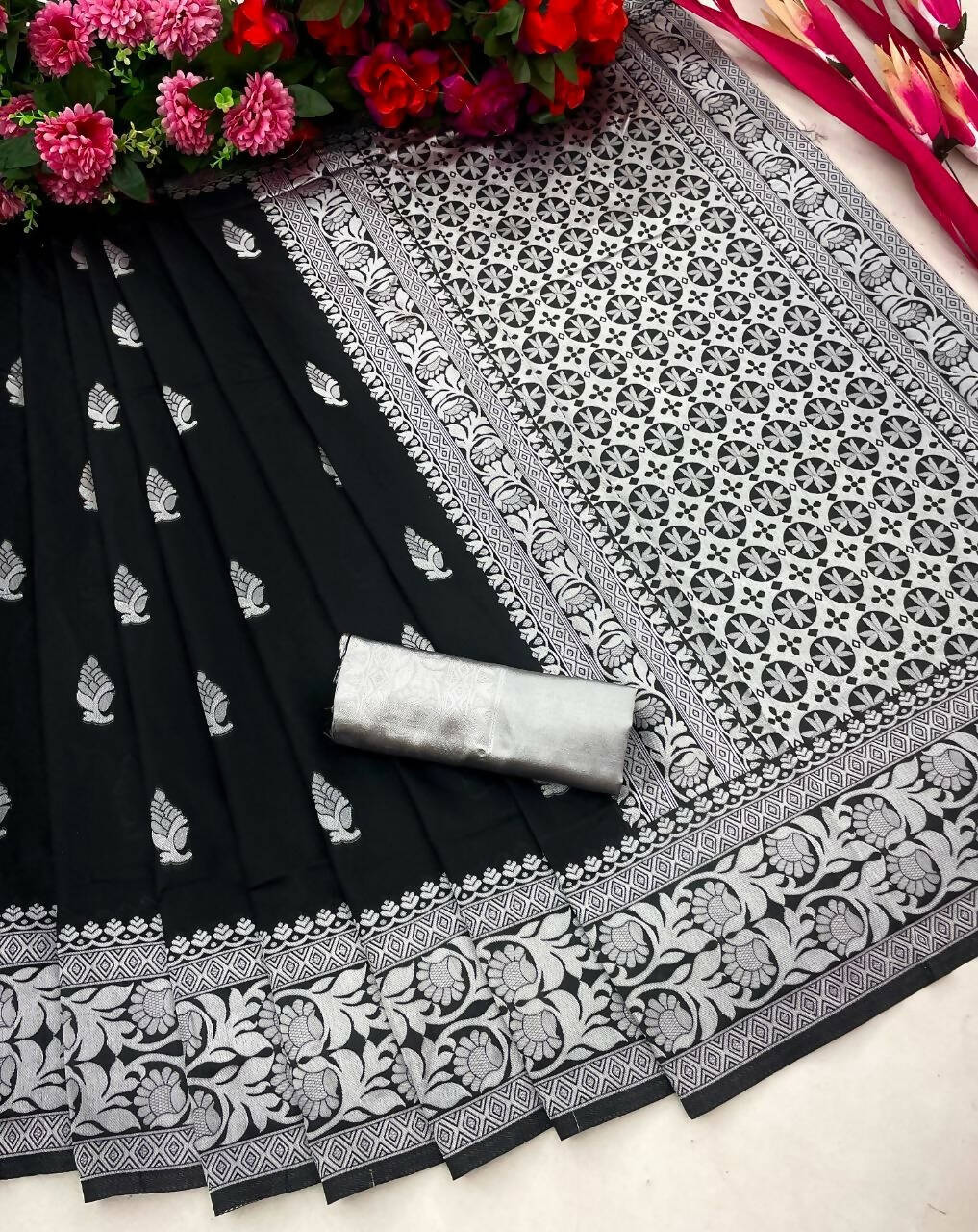 DEIANA'S Beautiful Designer Golden zari Soft Lichi Silk Saree - Black | Grocsy