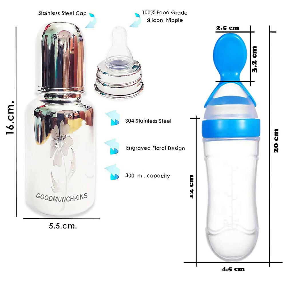 Goodmunchkins Stainless Steel Feeding Bottle & Spoon Food Feeder Anti Colic Silicone Nipple Combo-(Blue, 300ml) | Grocsy