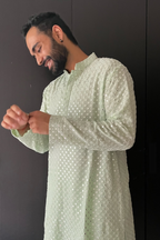 Pista Green Mirror Work Designer Kurta by Hilo Design | Grocsy