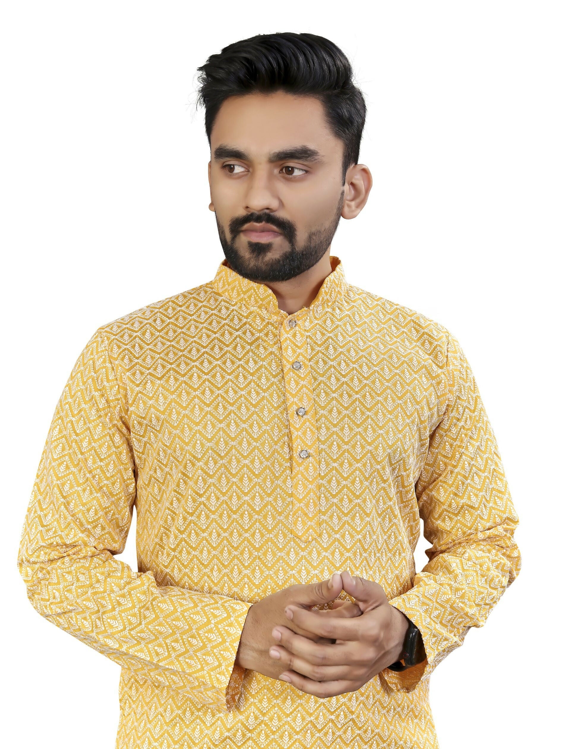 Anaita Yellow Lucknowi Work Silk Straight Kurta | Grocsy