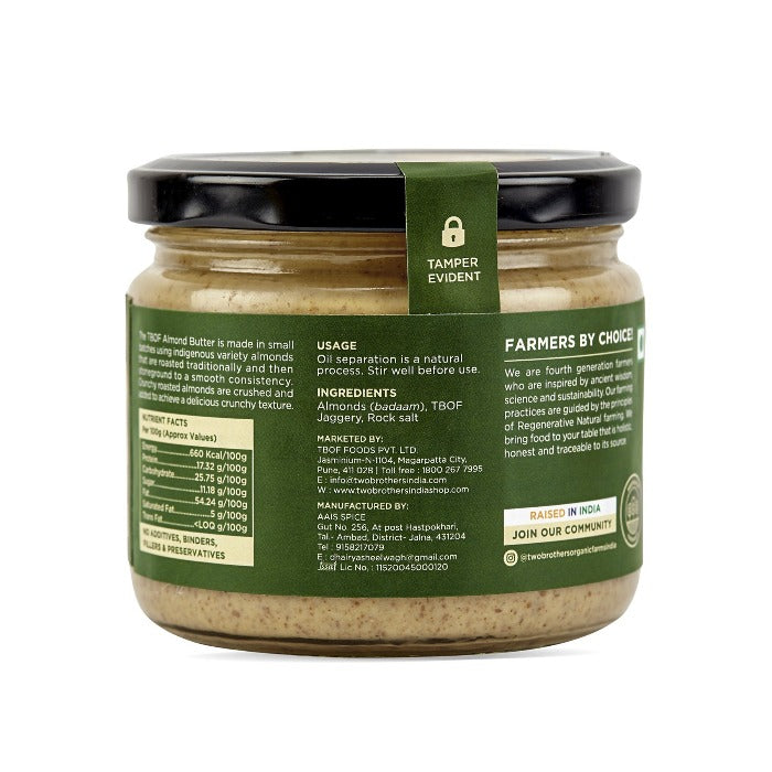 Two Brothers Organic Farms Stoneground Almond Butter Crunchy Sweetened With Jaggery | Grocsy