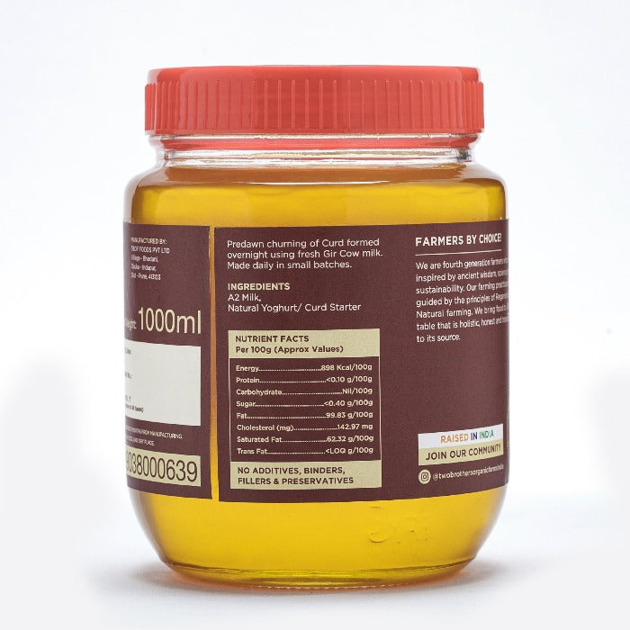 Two Brothers Organic Farms A2 Gir Cow Cultured Ghee | Cultured Cow Desi Ghee | Curd-Churned Bilona Ghee | Pure, Natural, and Healthy
