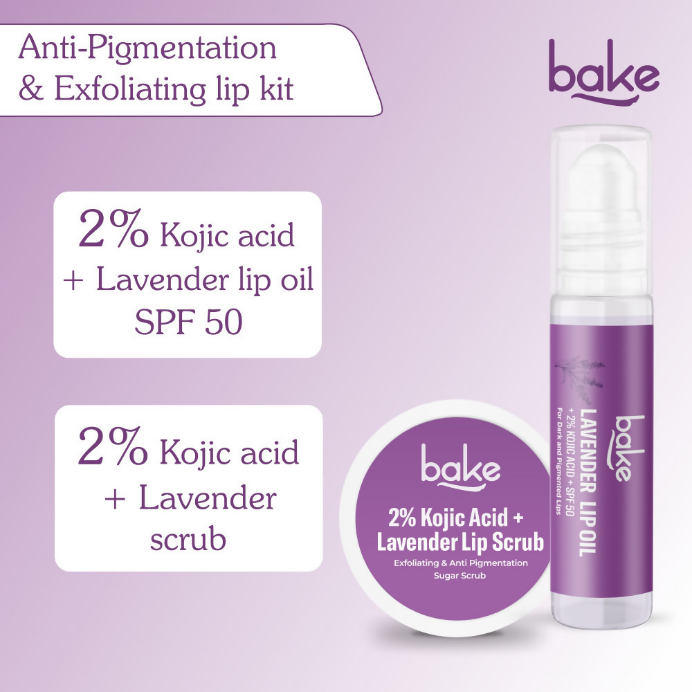 Bake Kojic Acid Lavender Lip Kit With Lip Balm SPF 50 & Lip Scrub For Dark & Pigmented Lips | Grocsy