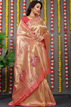 Anaita Orange Woven Design Pure Silk Banarasi Saree With Blouse | Grocsy