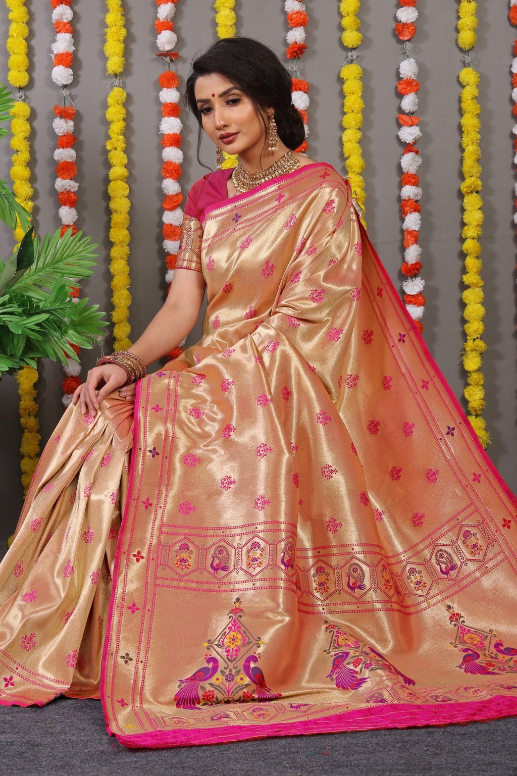 Anaita Pink Woven Design Pure Silk Banarasi Saree With Blouse | Grocsy
