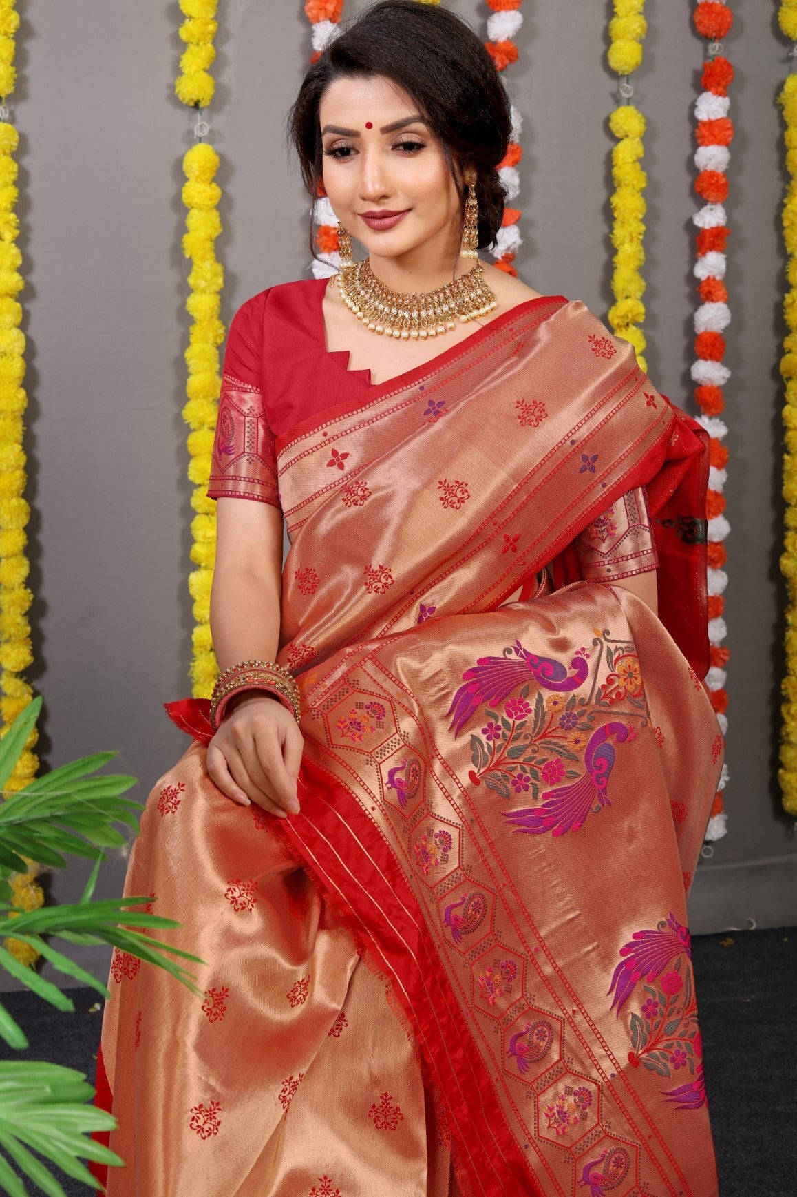 Anaita Red Woven Design Pure Silk Banarasi Saree With Blouse | Grocsy