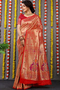 Anaita Red Woven Design Pure Silk Banarasi Saree With Blouse | Grocsy