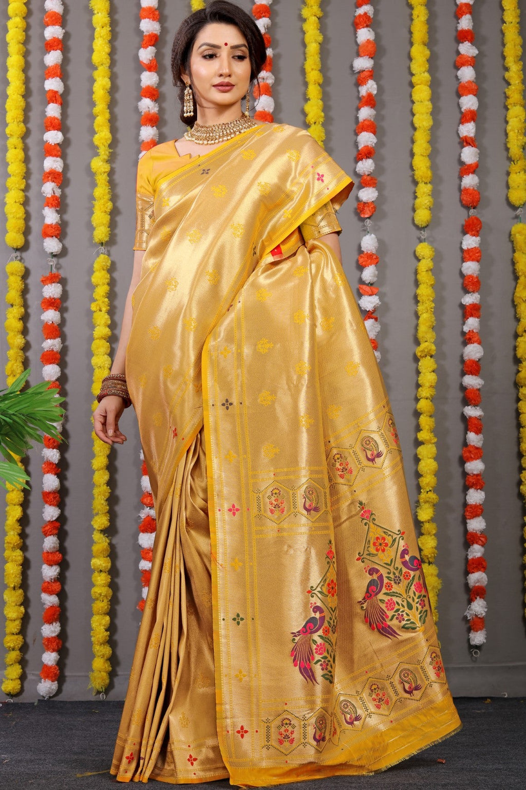 Anaita Yellow Woven Design Pure Silk Banarasi Saree With Blouse | Grocsy