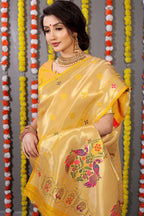 Anaita Yellow Woven Design Pure Silk Banarasi Saree With Blouse | Grocsy