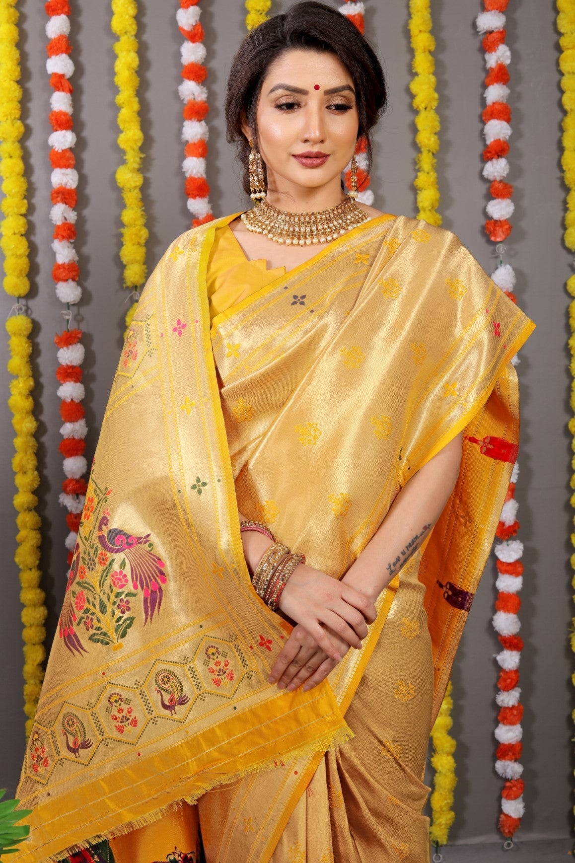 Anaita Yellow Woven Design Pure Silk Banarasi Saree With Blouse | Grocsy