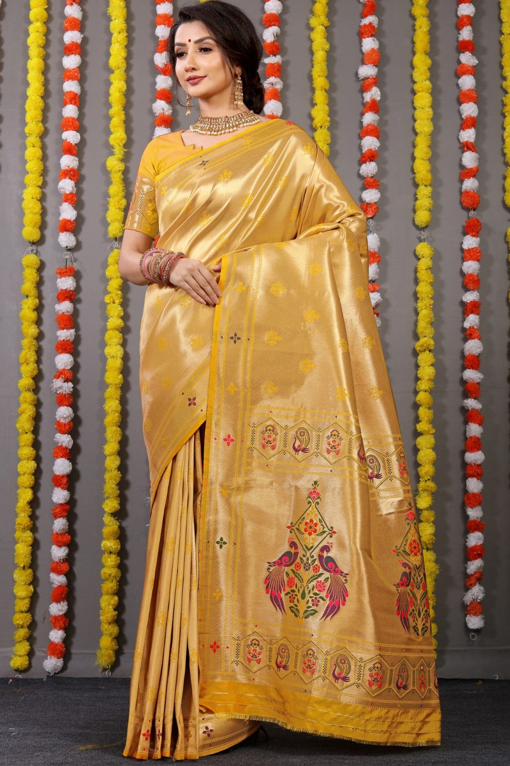 Anaita Yellow Woven Design Pure Silk Banarasi Saree With Blouse | Grocsy