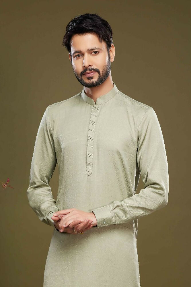 Raivat Ethnic Art Banarasi Silk Thread Work Kurta Pajama In Pista Green Colour | Grocsy