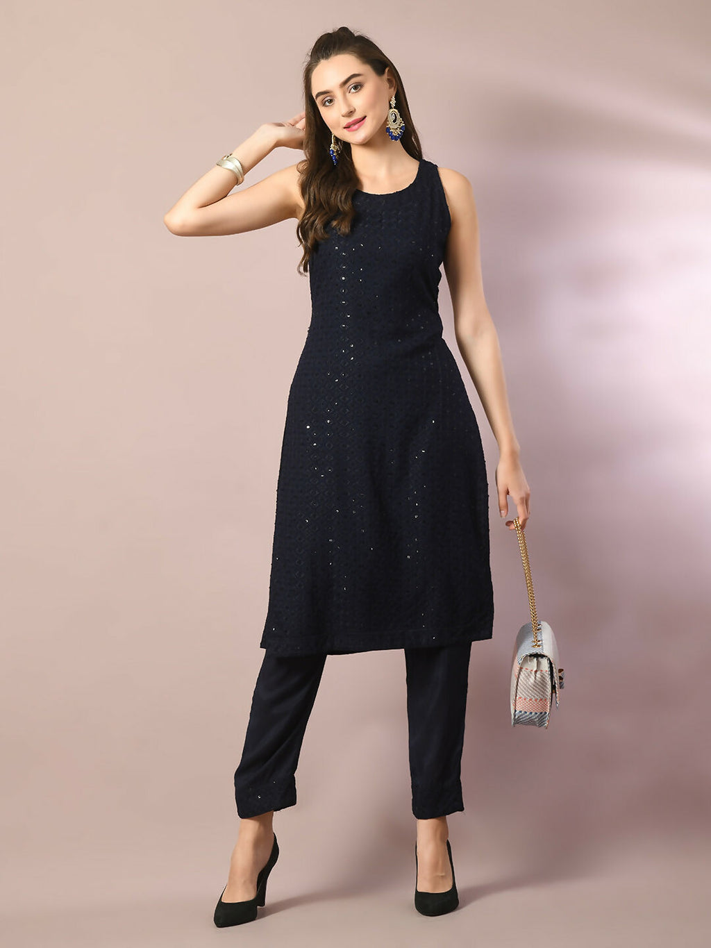 Myshka Women's Navy Blue Embroidered Cotton Straight Party Kurta Set | Grocsy