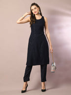Myshka Women's Navy Blue Embroidered Cotton Straight Party Kurta Set | Grocsy