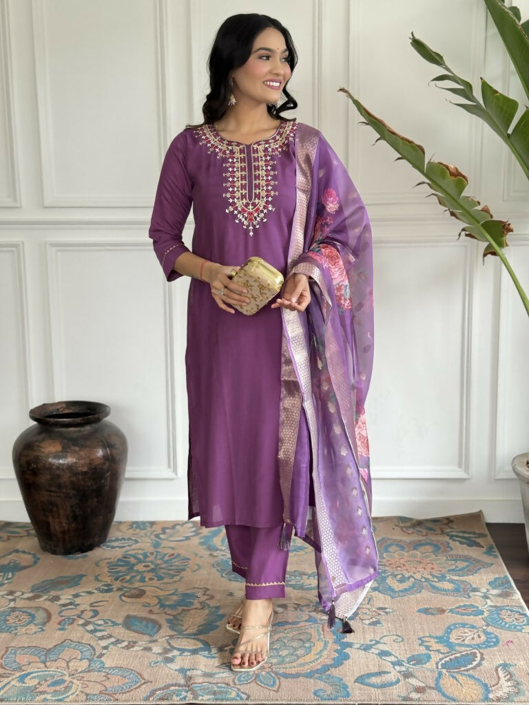 Purple Viscose chanderi Stitched Suit With Dupatta - Tanisha | Grocsy