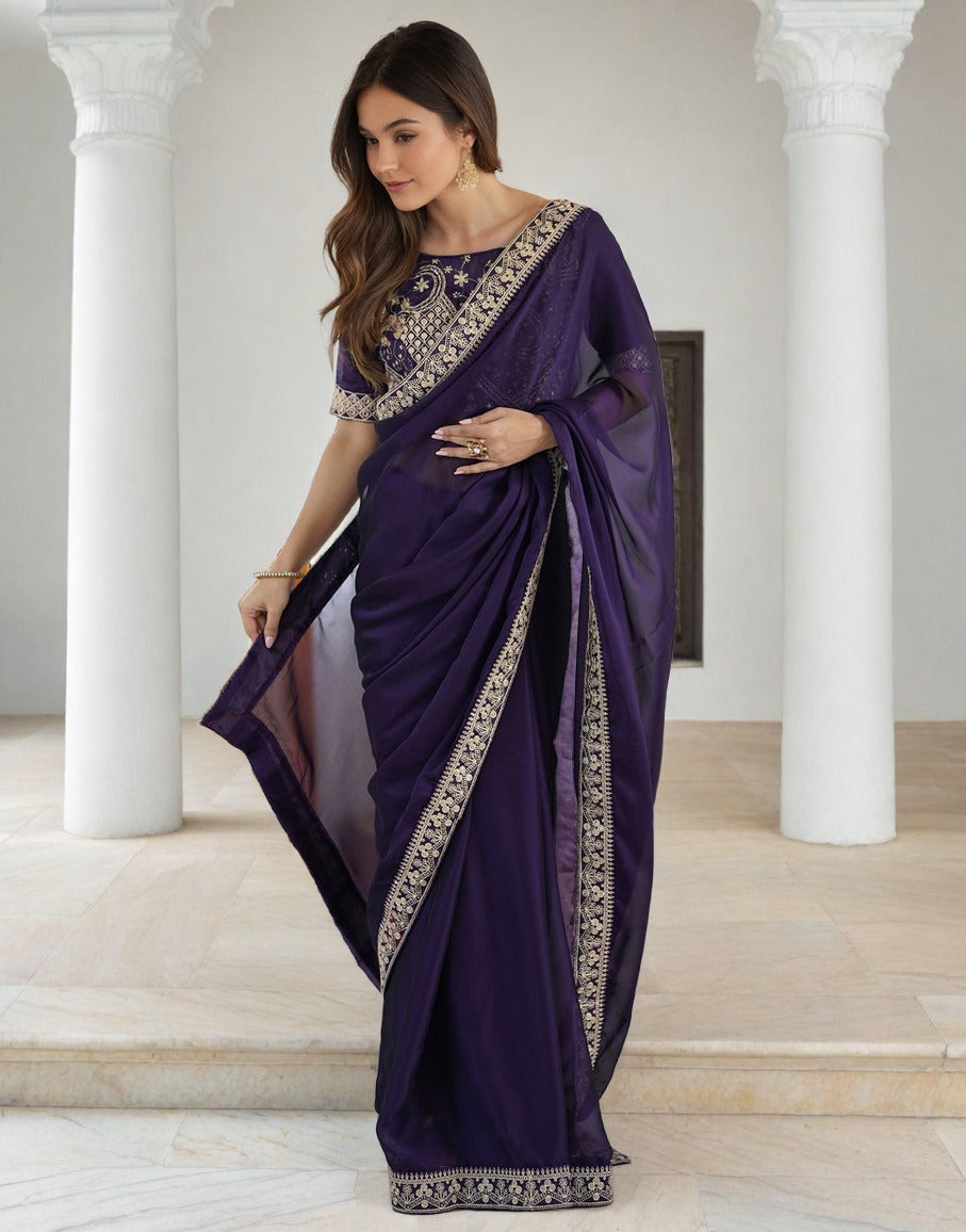 Lorenvalley Fashion Purple Rangoli Silk with Coding Sequence and Multi Lace Work Saree with Blouse | Grocsy