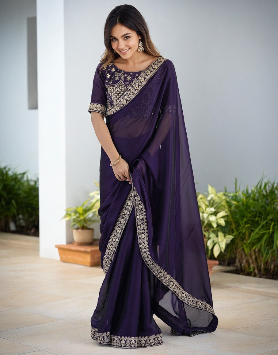 Lorenvalley Fashion Purple Rangoli Silk with Coding Sequence and Multi Lace Work Saree with Blouse | Grocsy