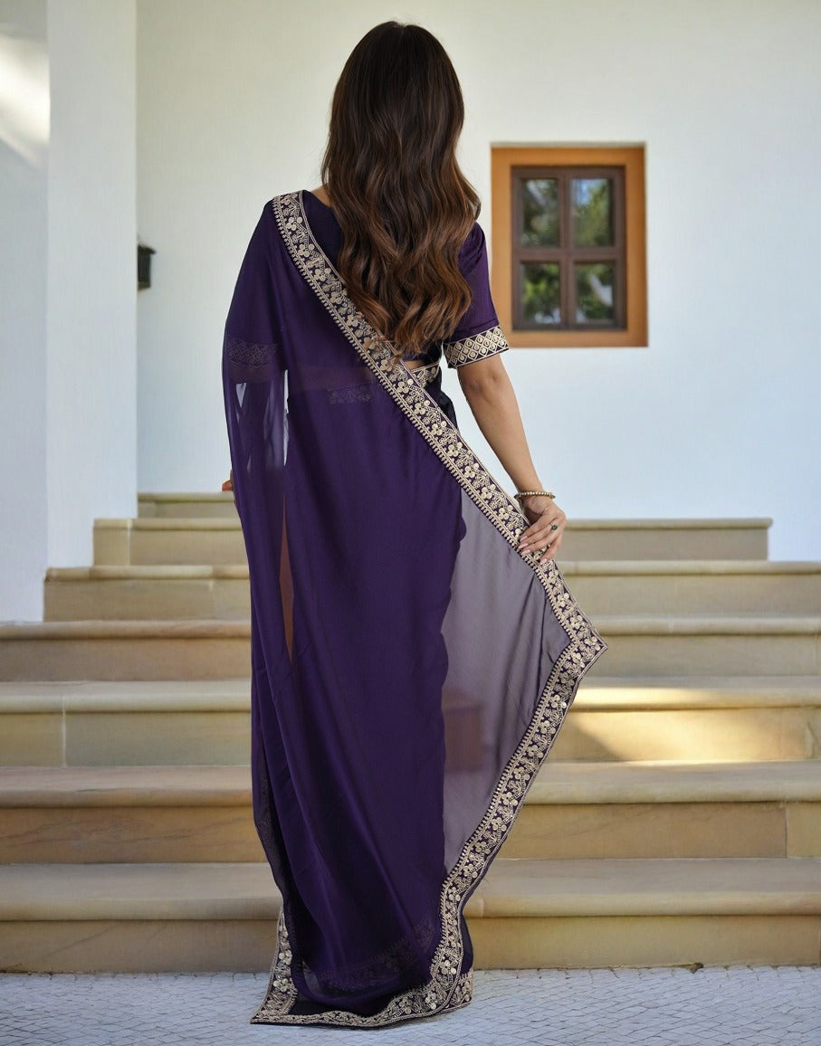Lorenvalley Fashion Purple Rangoli Silk with Coding Sequence and Multi Lace Work Saree with Blouse | Grocsy
