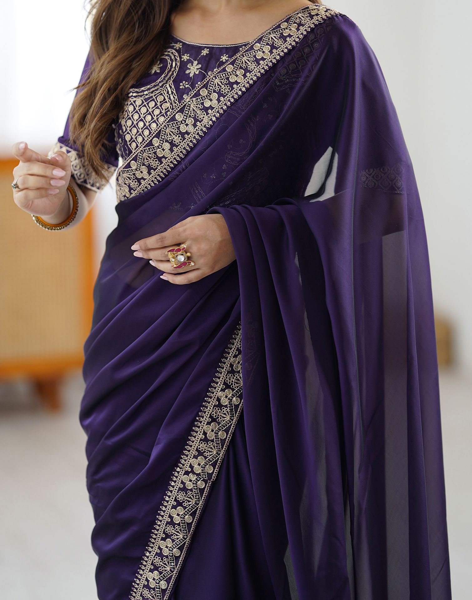 Lorenvalley Fashion Purple Rangoli Silk with Coding Sequence and Multi Lace Work Saree with Blouse | Grocsy