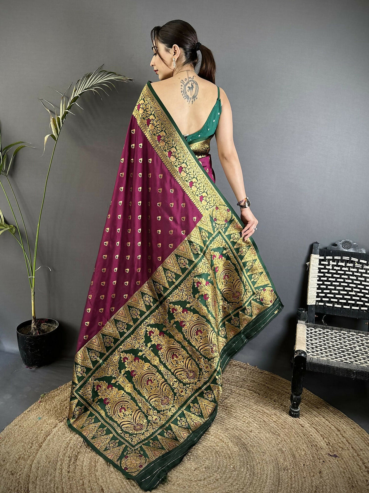 Joban Fashion Wine Intricate Motifs Soft Silk Banarasi Saree | Grocsy