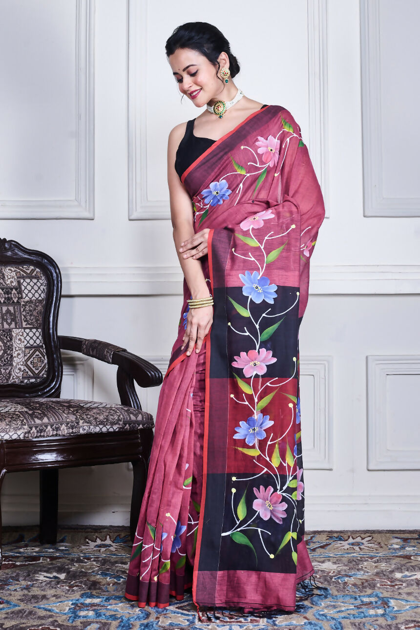 Morchari Multicolour Cotton Handloom Mirror Work Saree Unstitched Blouse | Grocsy