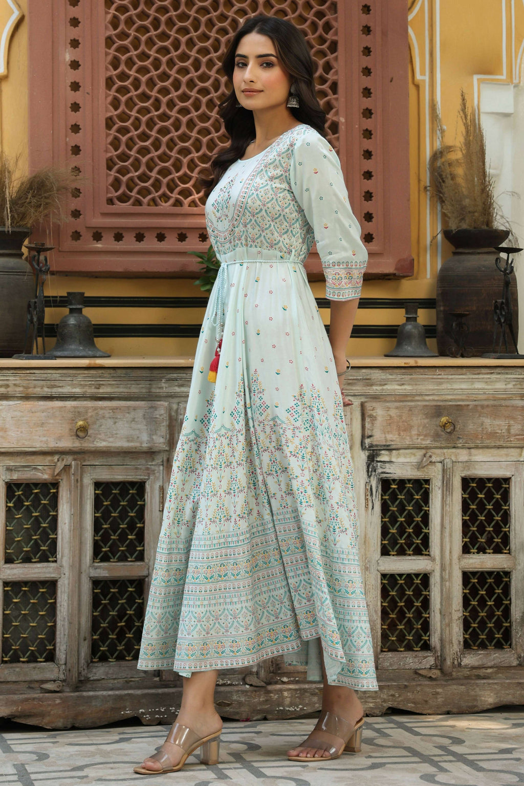 Juniper Women's Skyblue Viscose Shantoon Festive Printed Flared Dress | Grocsy