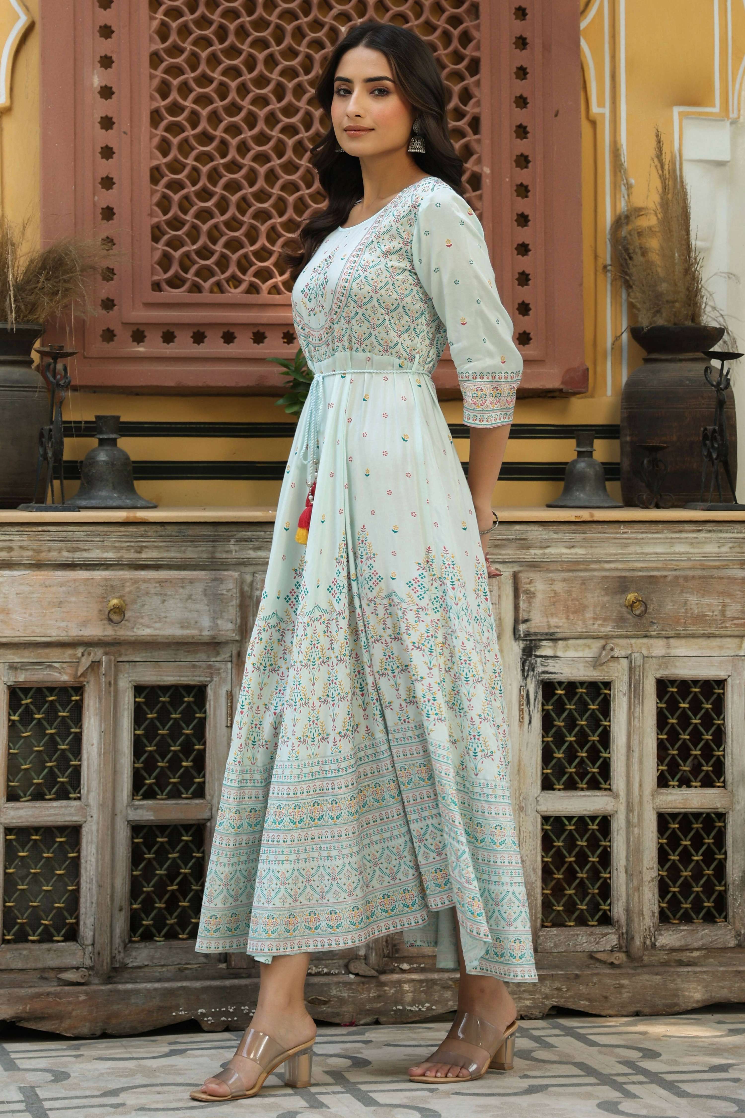 Juniper Women's Skyblue Viscose Shantoon Festive Printed Flared Dress | Grocsy