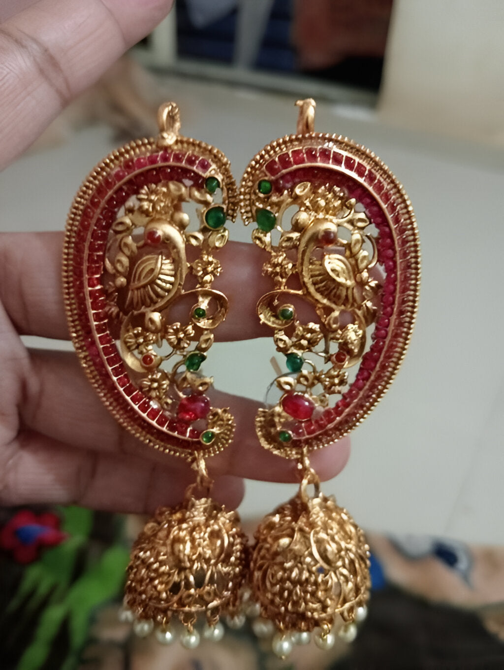 Jewel City Antique Gold Peacock Temple Jhumka Earrings Ruby & Emerald Traditional Earrings Handcrafted South Indian Bridal Jewelry | Grocsy