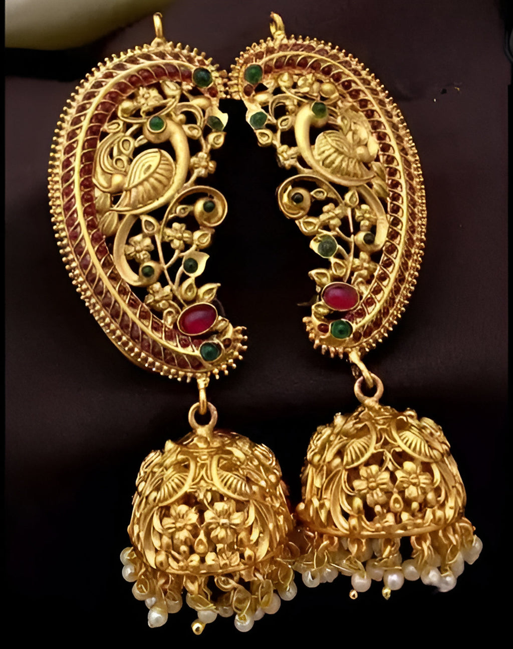 Jewel City Antique Gold Peacock Temple Jhumka Earrings Ruby & Emerald Traditional Earrings Handcrafted South Indian Bridal Jewelry | Grocsy