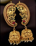 Jewel City Antique Gold Peacock Temple Jhumka Earrings Ruby & Emerald Traditional Earrings Handcrafted South Indian Bridal Jewelry | Grocsy